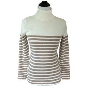 Orvis Sweater Women’s Medium White Brown Turtle Neck Striped Pullover Casual